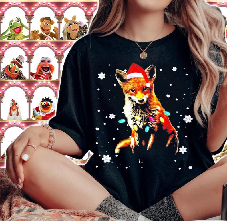 Fox With Santa Hat Merry Christmas Lights T-Shirt t-shirt woman shirt