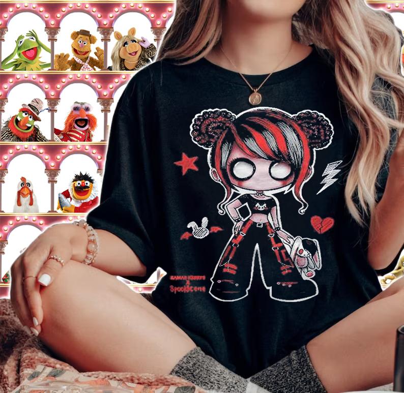 Spook Scene Emo Girl Drawing Emo Bunny Doodle Mall Goth Red Shirt t-shirt