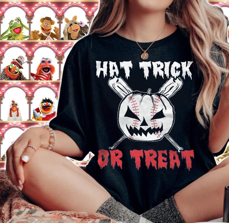 Hat Trick Or Treat Baseball Pumpkin Halloween Shirt woman shirt