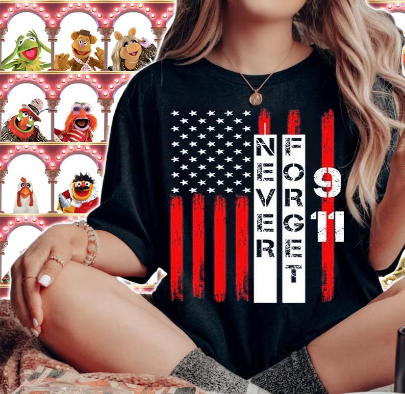 Never forget 9 11 nine eleven memorial distressed US American flag T-shirt woman shirt