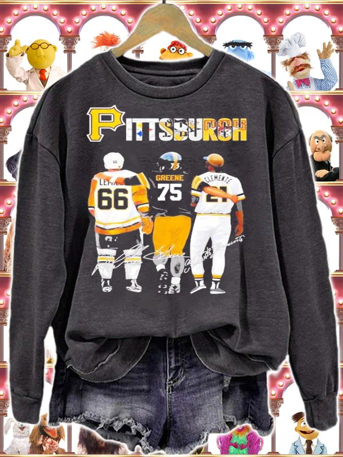 Pittsburgh Mario Lemieux Joe Greene and Roberto Clemente signatures shirt sweatshirt