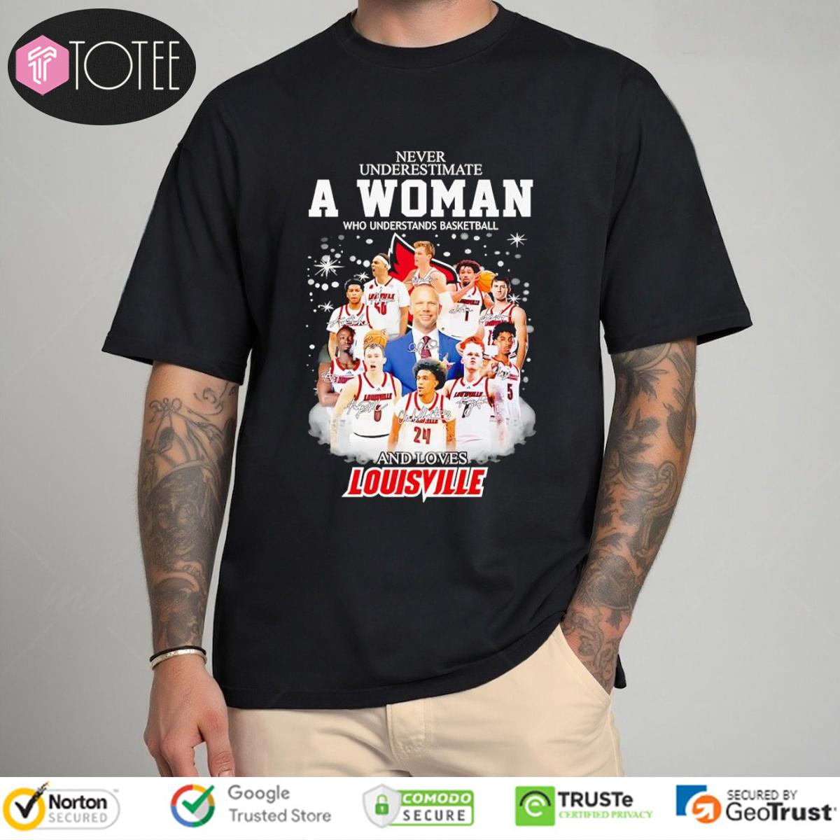Never Underestimate A Woman Who Loves Louisville Basketball Coach & Players Signed T-Shirt